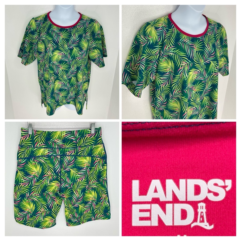 Lands End Tropical Activewear Set Bike Shorts Medium Shirt Large Travel Resort